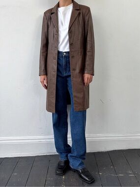 Danier Classic Vintage Brown Leather Button-Front Coat L